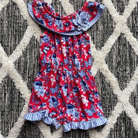 Lass Little Red and Blue Floral Romper Toddler Girl size 24 - Picture 1 of 6